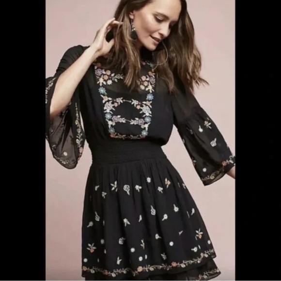 Anthropologie Dresses & Skirts - Anthropologie Maeve Anfisa Peasant Dress 4 Black Embroidered Smocked Sheer Boho
